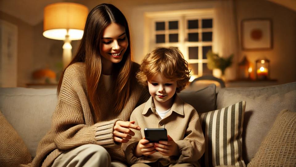 Ein Junge und eine Frau auf einem gemütlichem Sofa. Der Junge hält ein Smartphone, das die beiden betrachten.