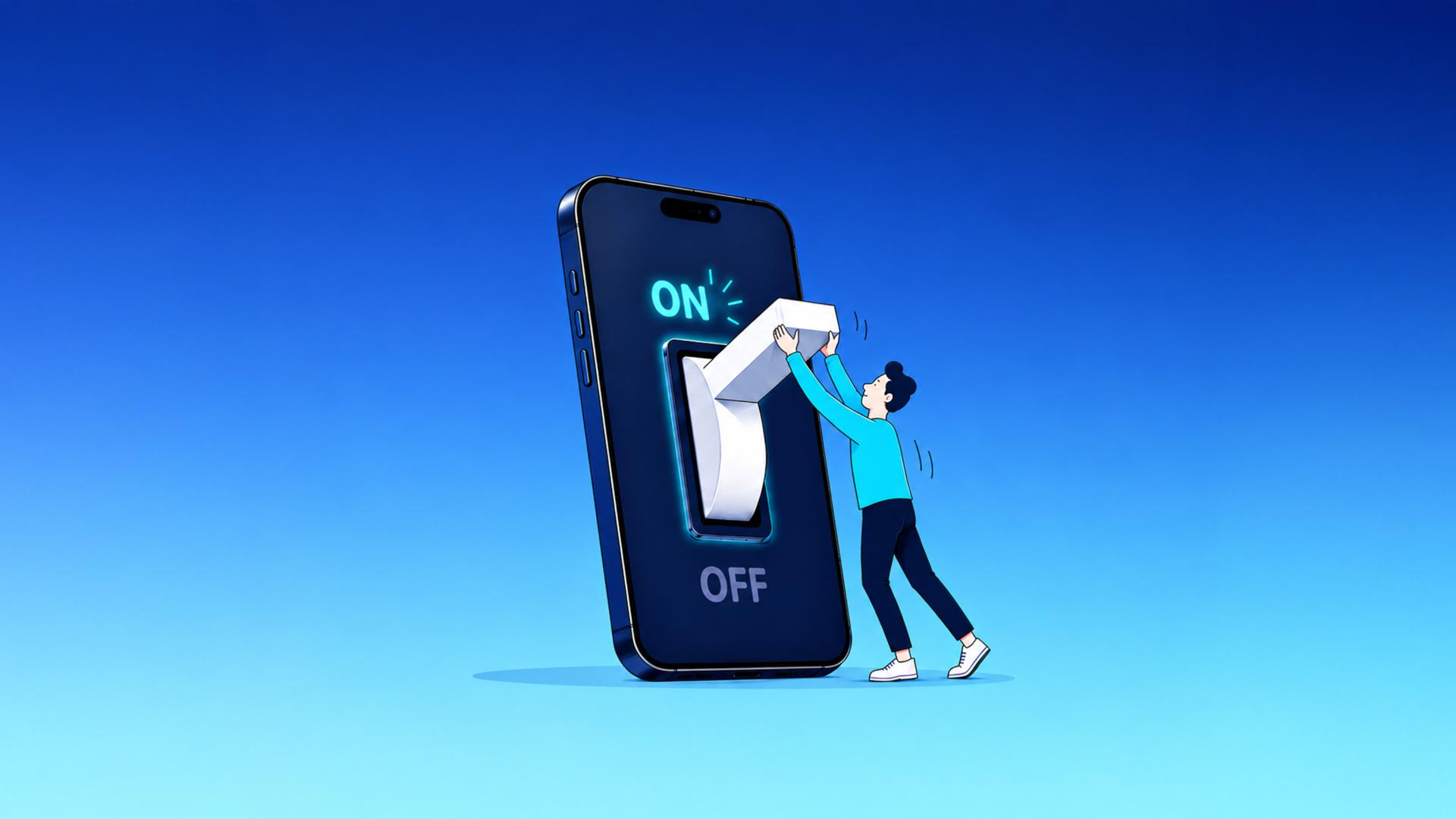 Illustration eines Smartphones mit einem großen Ein-/Aus-Schalter auf dem Display. Eine gezeichnete Person schiebt den Schalter auf ‚Ein‘.