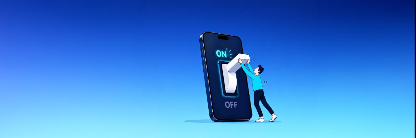 Illustration eines Smartphones mit einem großen Ein-/Aus-Schalter auf dem Display. Eine gezeichnete Person schiebt den Schalter auf ‚Ein‘.